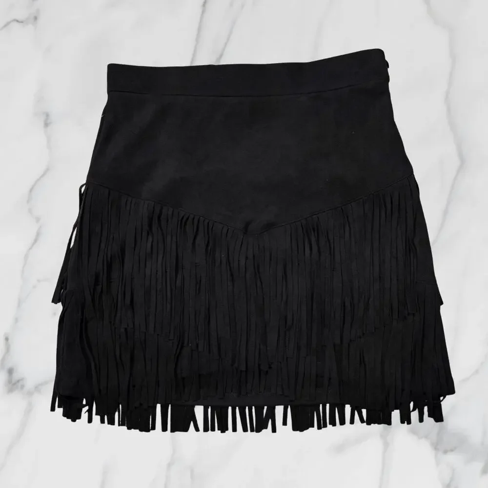Altar'd State Black Faux Suede Tiered Fringe Western Mini Skirt Size Small